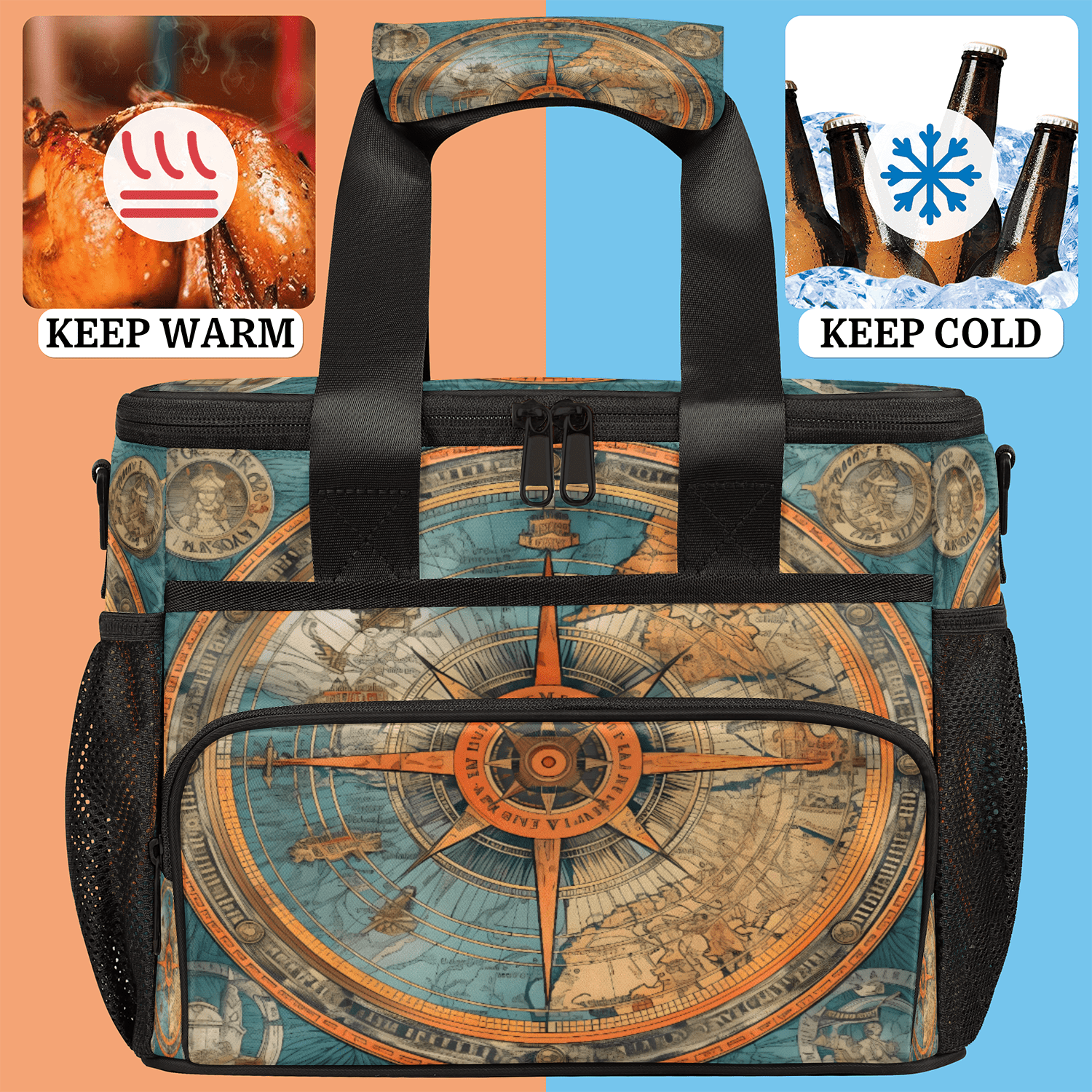 Herdesigns Nautical Ship Compass Large Lunch Box for Adults Women Men with Adjustable Shoulder Strap, Insulated Reusable Lunch Bag Leakproof Cooler Tote Bag