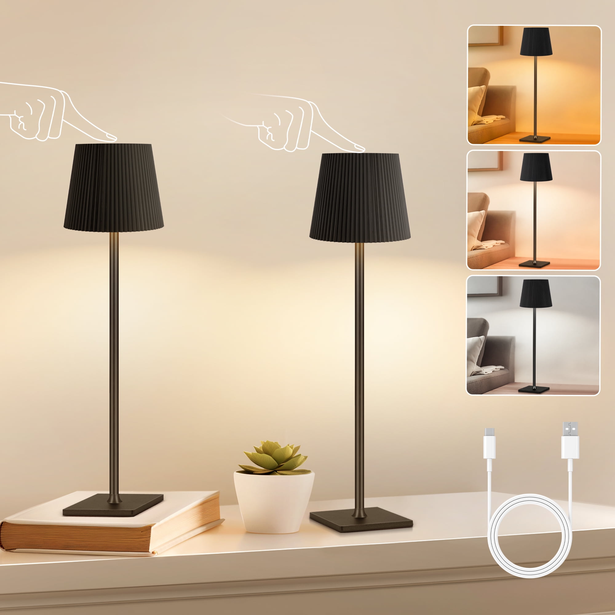OUTON Cordless LED Table Lamps Set of 2, 3 Color Dimmable Wireless ...