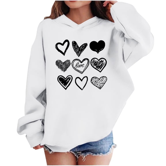 Atogsazn Kids Girls Valentines Day Hoodies Children Casual Hearts Long Sleeve Pullover Sweatshirt Fleece Outfit Outerwear Tops 05-White 7-8 Years Fashion