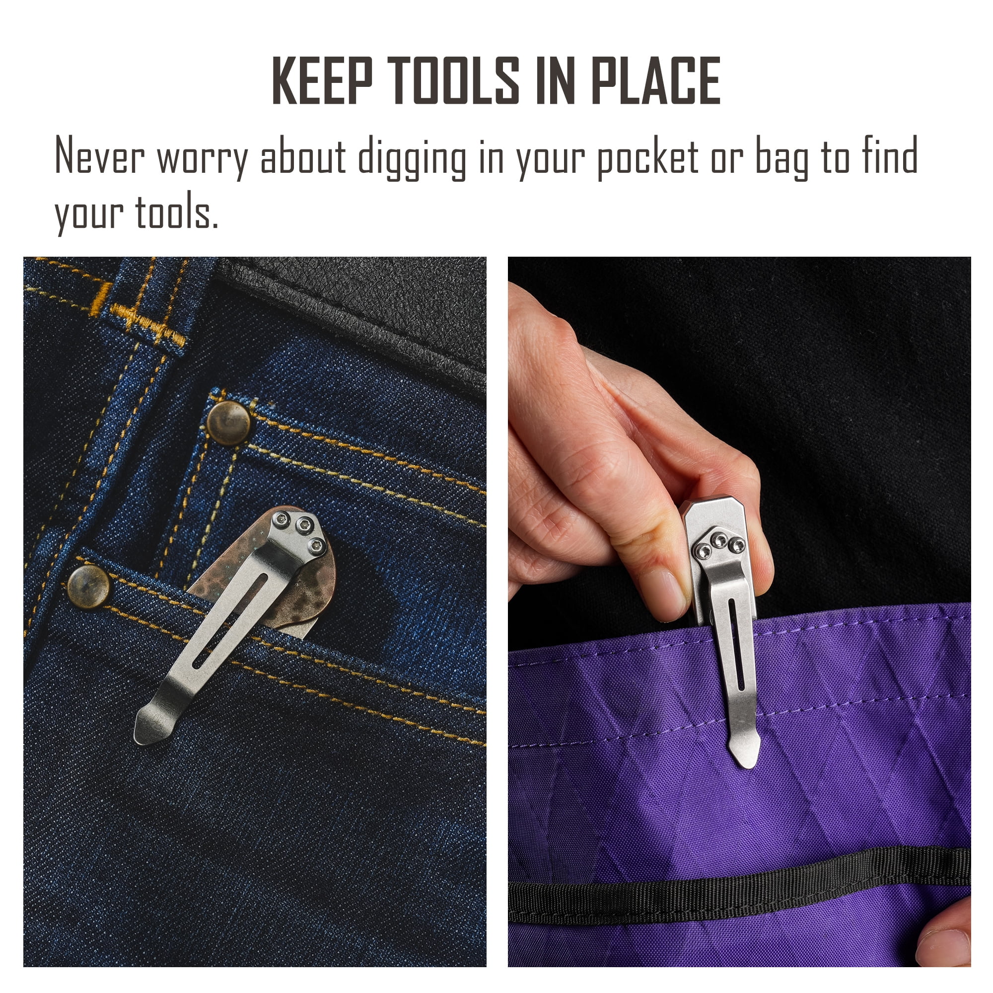 Key Unity Deep Carry Pocket Clip, Stainless Steel 3 Hole Pocket Clip for Knife & Multitool, Pack of 3