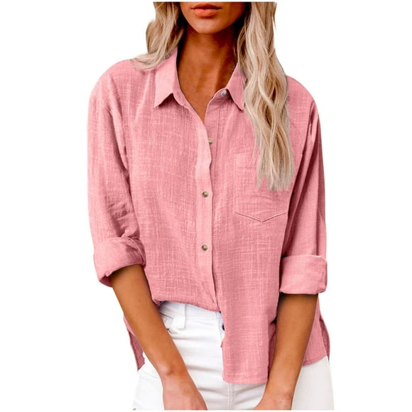 Yuyuzo Womens Button Down Cotton Linen Shirts V Neck Roll Up Long Sleeve Blouses Loose Collared Shirt Casual Work Tunics Tops Pink