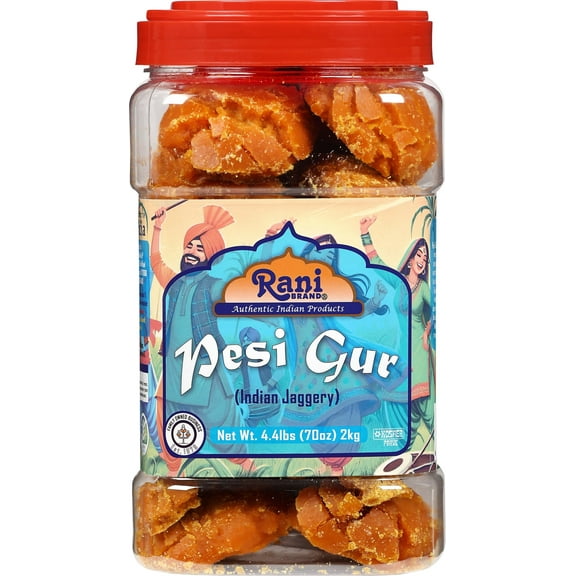 Rani Pesi Gur (Jaggery) Indian Unrefined Raw Cane Sugar 70oz (4.4lbs) 2kg PET Jar ~ Gluten Friendly | Vegan | NON-GMO | Kosher | No Salt or fillers | Indian Product