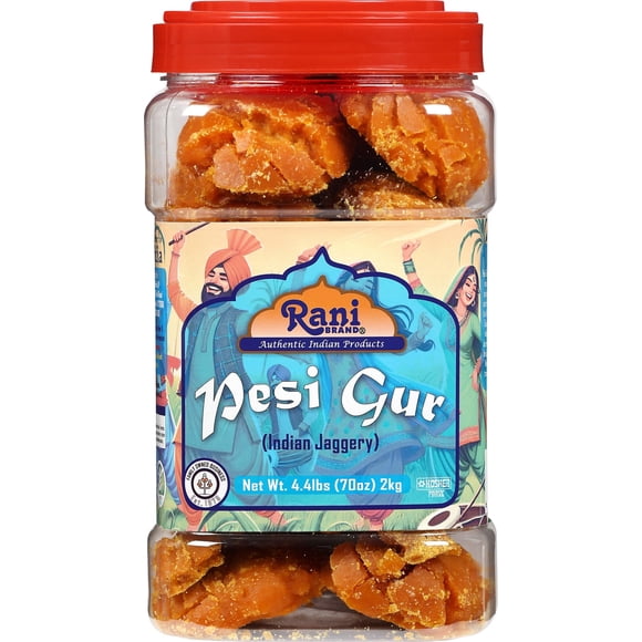 Rani Pesi Gur (Jaggery) Sucre de Canne Brut Non Raffiné Indien 70oz (4.4lbs) 2kg Pot PET - Sans Gluten / Végétalien / non-OGM / Casher / Sans Sel Ni Agents de Remplissage / Produit Indien