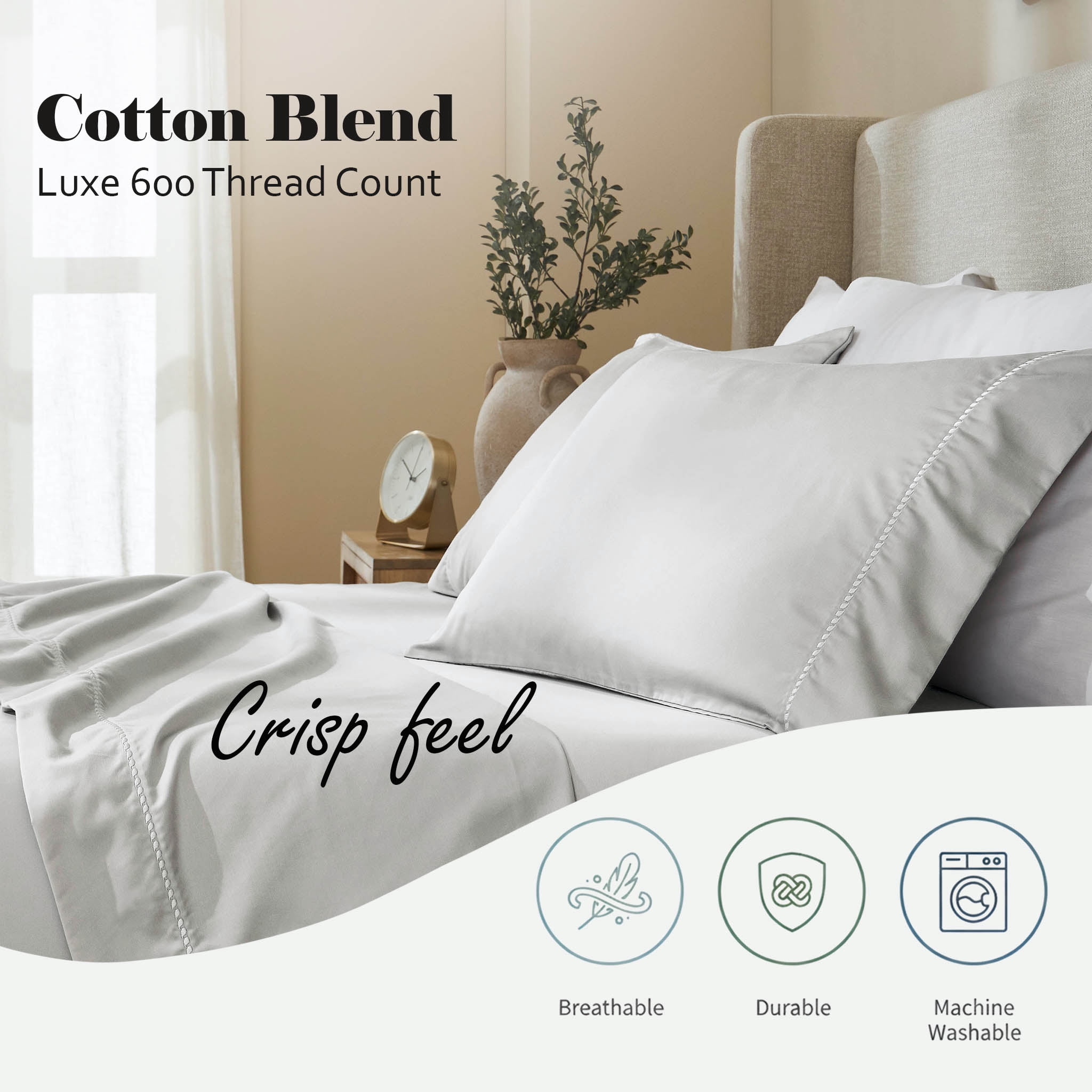 Superior Cotton Blend 600 Thread Count Dash Stitch Hem Sheet Set, Split King, Platinum