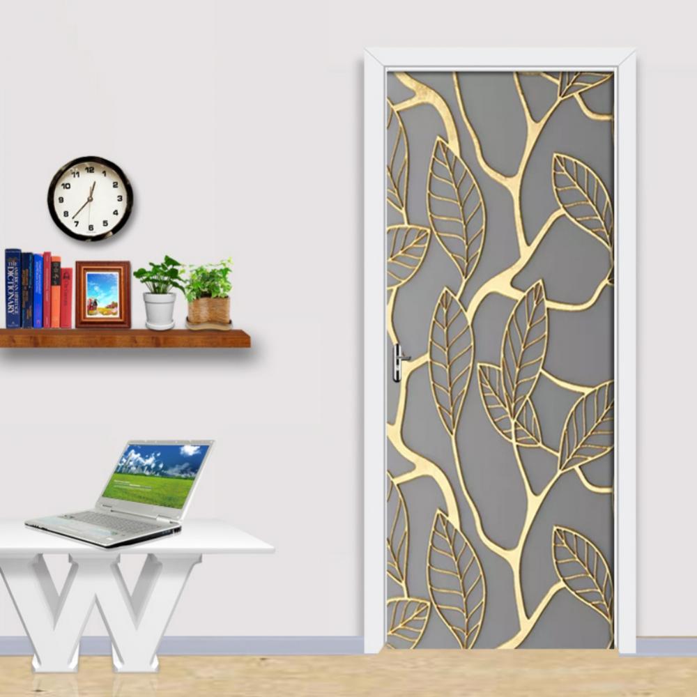 3D Golden Leaf Landscape Door Murals Self Adhesive Door Sticker Wall Mural Art Wallpaper Poster Door Decals for Living Room Bedroom Decor 30.3"x78.7"