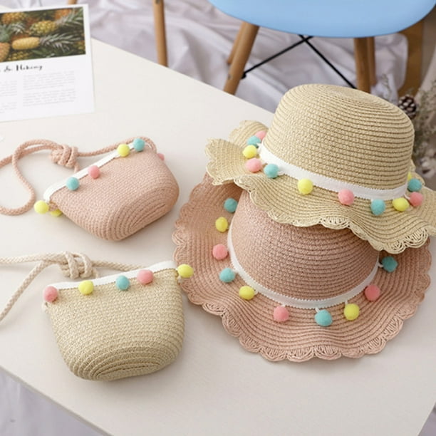 ZPAQI Little Girls Sun Straw Hat Large Wide Brim Pompom Sun Protection Woven Beach Cap