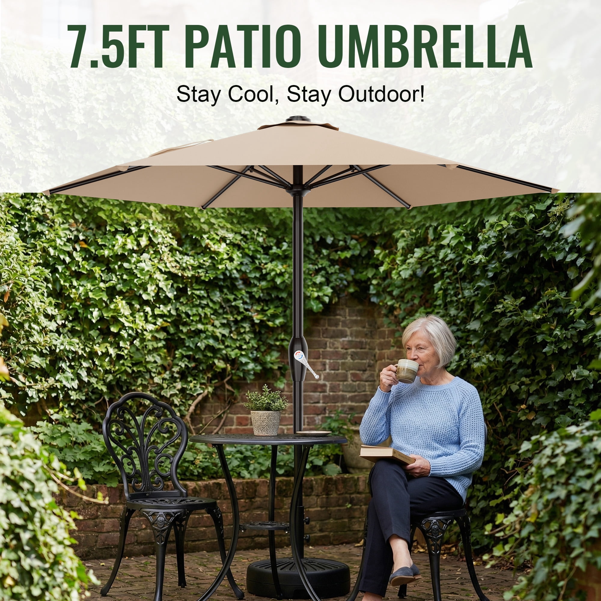 Easthome 7.5' Patio Umbrella Outdoor Table Market Umbrella with Smooth Crank handle, 6 Ribs, Backyard, Poolside, Garden - Beige