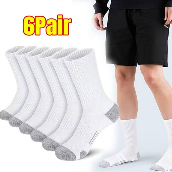 6 Pairs Athletic Crew Socks, White with Gray Reinforced Heel, 6 Pairs Socks
