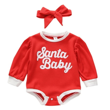 

GWAABD Toddler Girl Clothes Set Red Cotton Toddler Children Kids Baby Girls Long Sleeve Patchwork Letter Solid Romper Bodysuit with Headbands Outfit Set Clothes 2PCS 90