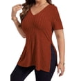 thumbnail image 3 of DYMADE Womens Summer Breathable Solid Spliced Short Sleeve V-Neck Side Split Basic T-Shirt Tops, 3 of 4