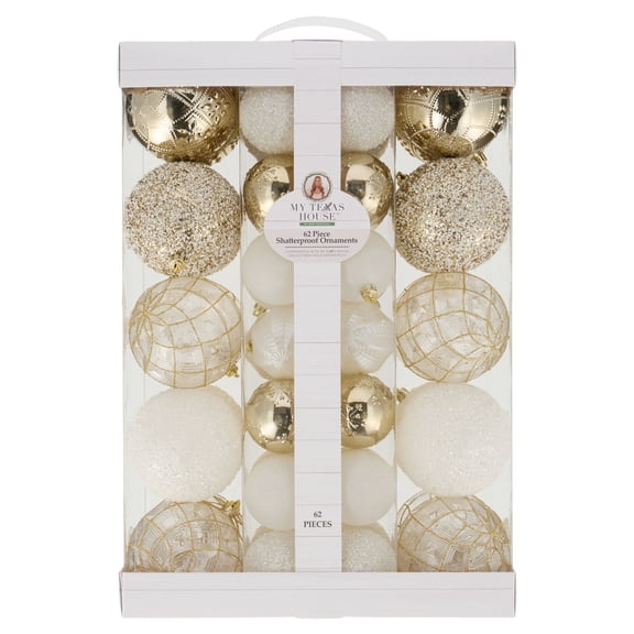 My Texas House 62-Count Gold and White Shatterproof Christmas Ornaments