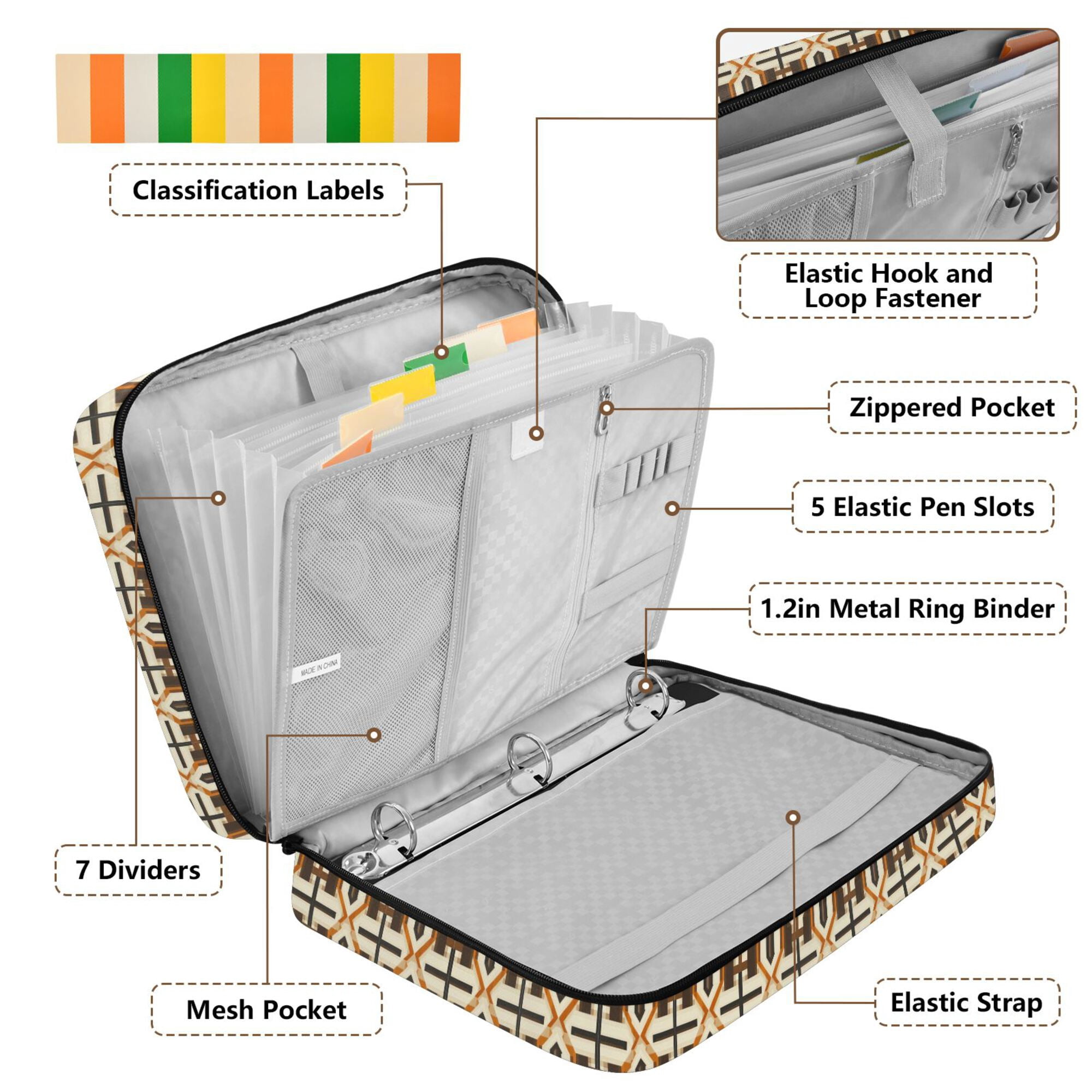 FORMRS Accordion File Folder A4 Size 7-Pocket Expanding Document Organizer Bag with 3 Ring Binder, Beige Geometric