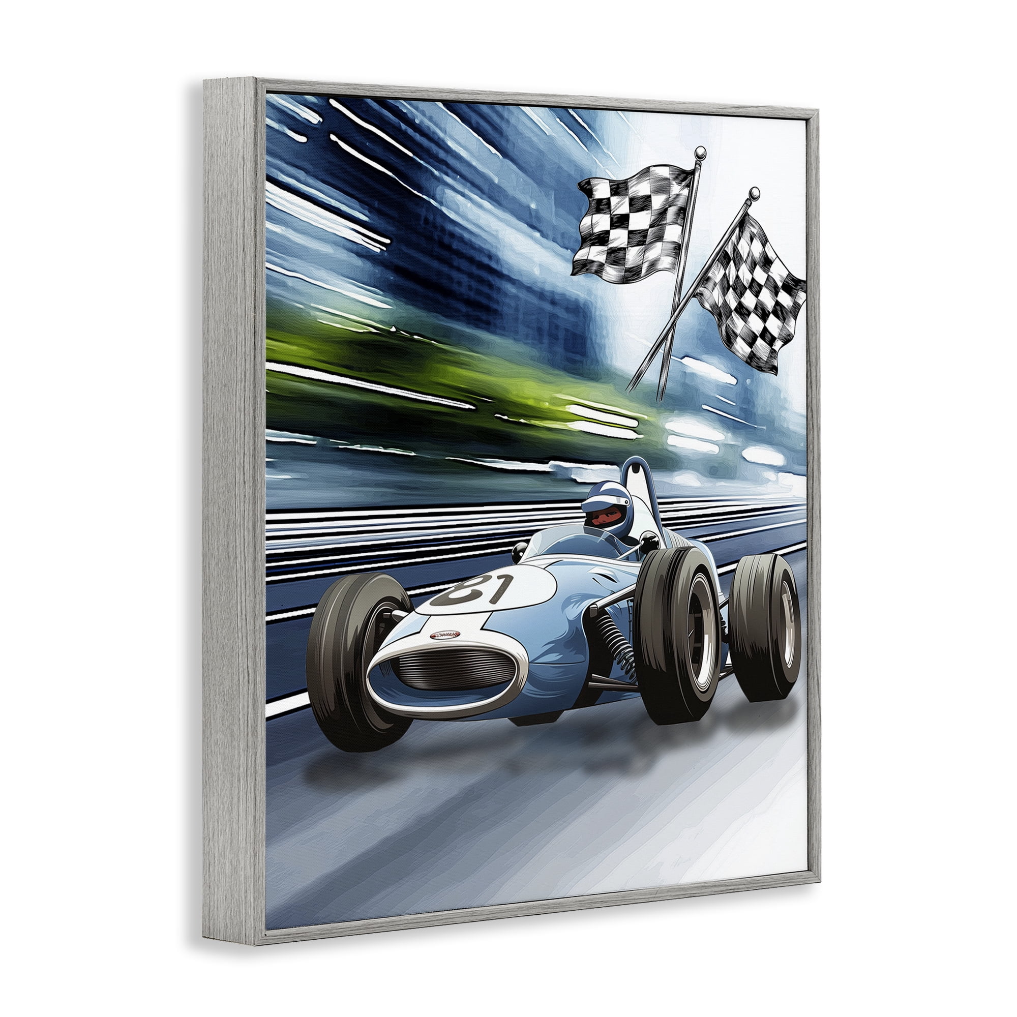 Stupell Industries Speedy Racecar with Flags Gray Framed Giclee Art, design by Christine Simpson Art