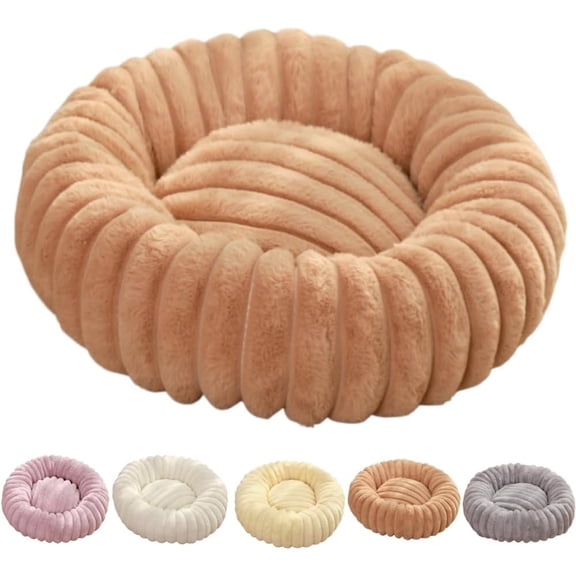 Ultra-Soft Round Calming Donut Pet Bed – Small/Medium Cat & Dog Bed with Anti-Slip Bottom, Washable Faux Fur Cover, Cozy Raised Rim for Anxiety Relief