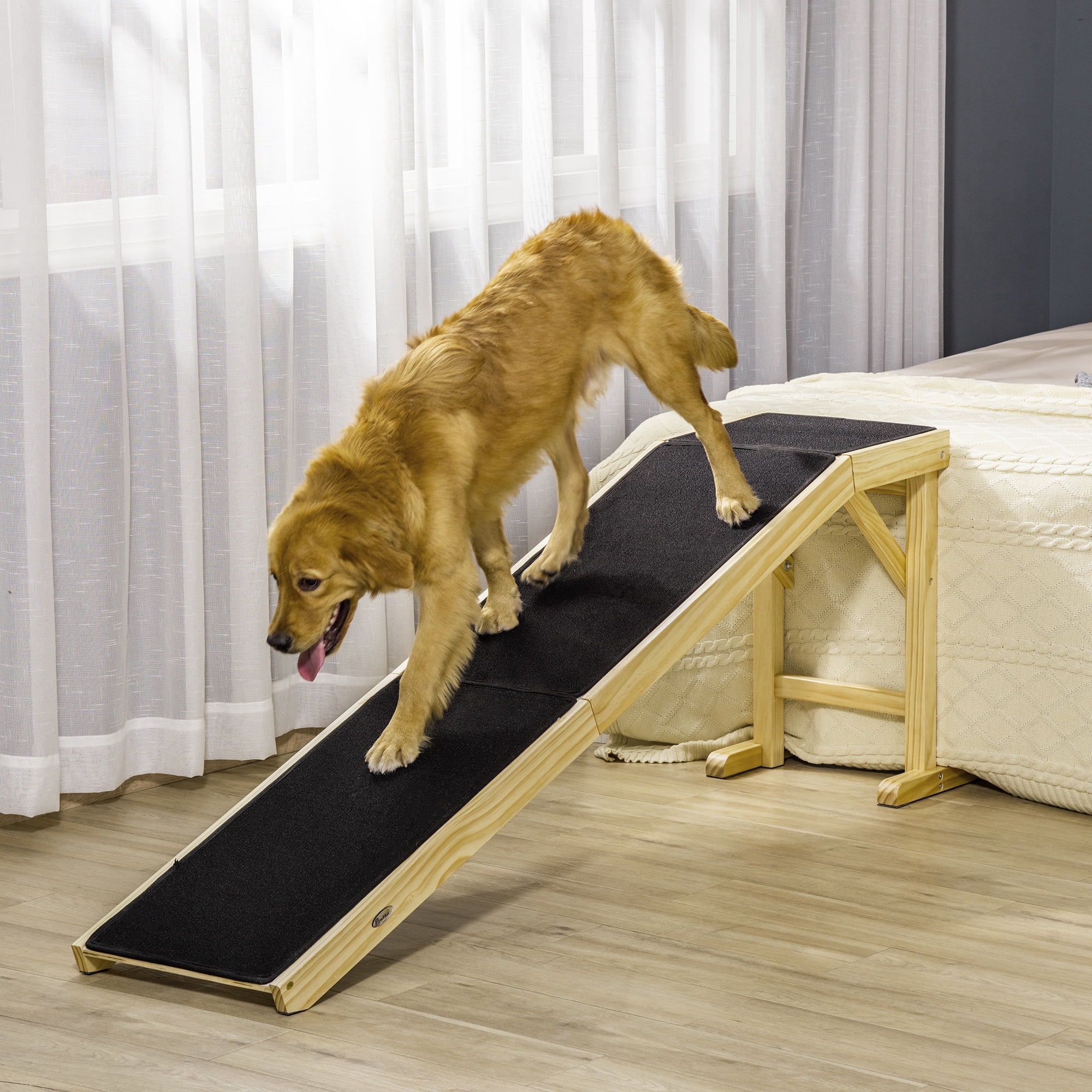 Dog Ramp for Bed, Pet Ramp for Dogs with Non-Slip Carpet and Top Platform, 74" x 16" x 25", Natural