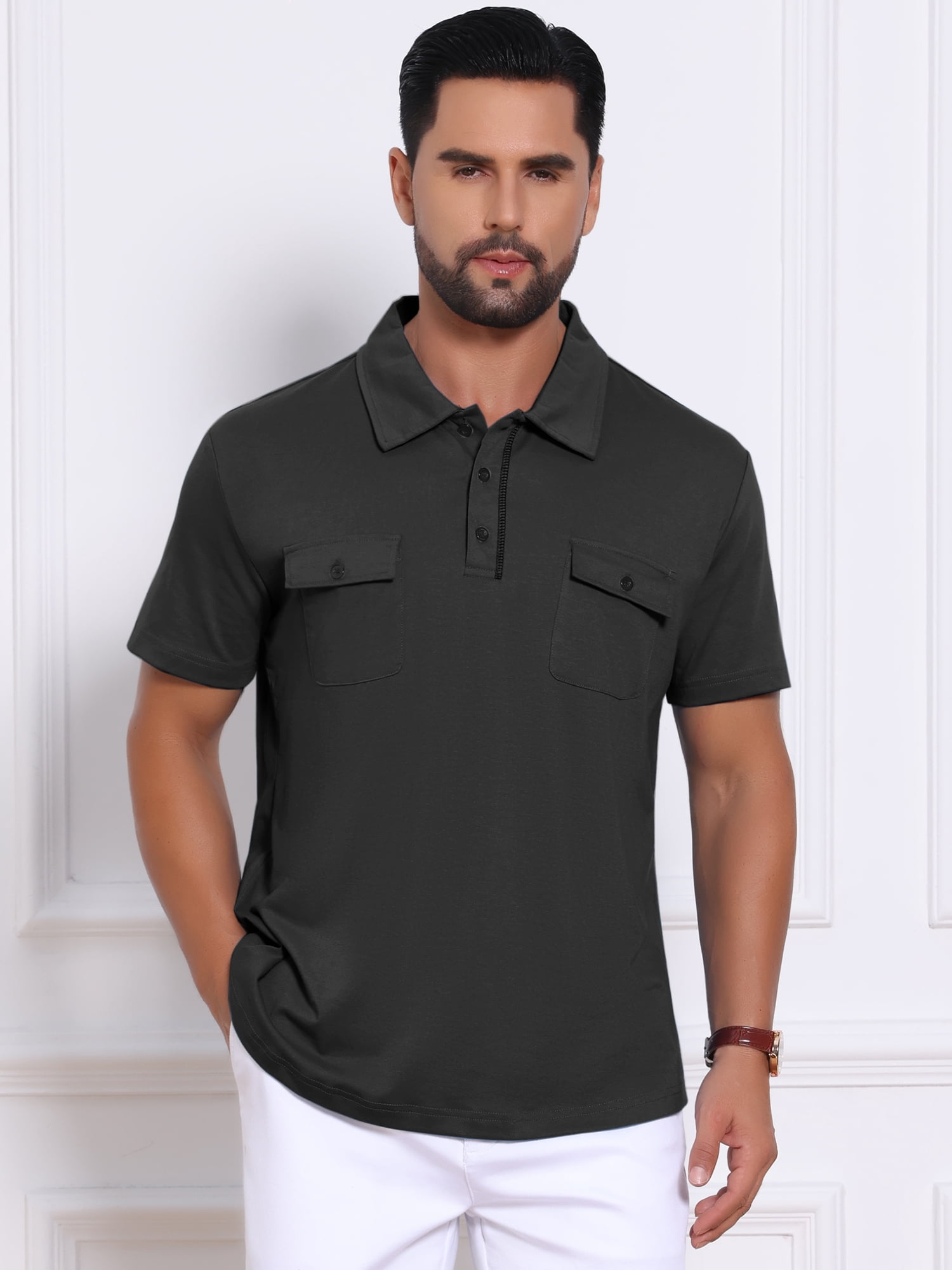 DARING DIVA Men's Collared Short Sleeve Double Chest Pockets Polo Shirt M Black