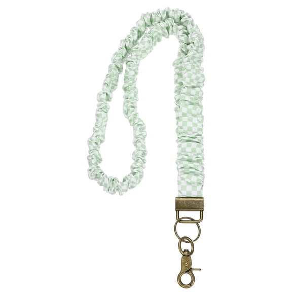 Lanyard de scrunchie para profesores, lanyards elásticos para profesores, soporte de identificación retráctil con clips para mujeres, cuadros verdes claros y blancos