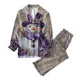 thumbnail image 3 of Women's Christmas Printed Loose Home Casual 2-Piece Set: Long Sleeve Button-Up Top & Wide Leg Pants, Purple, Size XL, 3 of 4