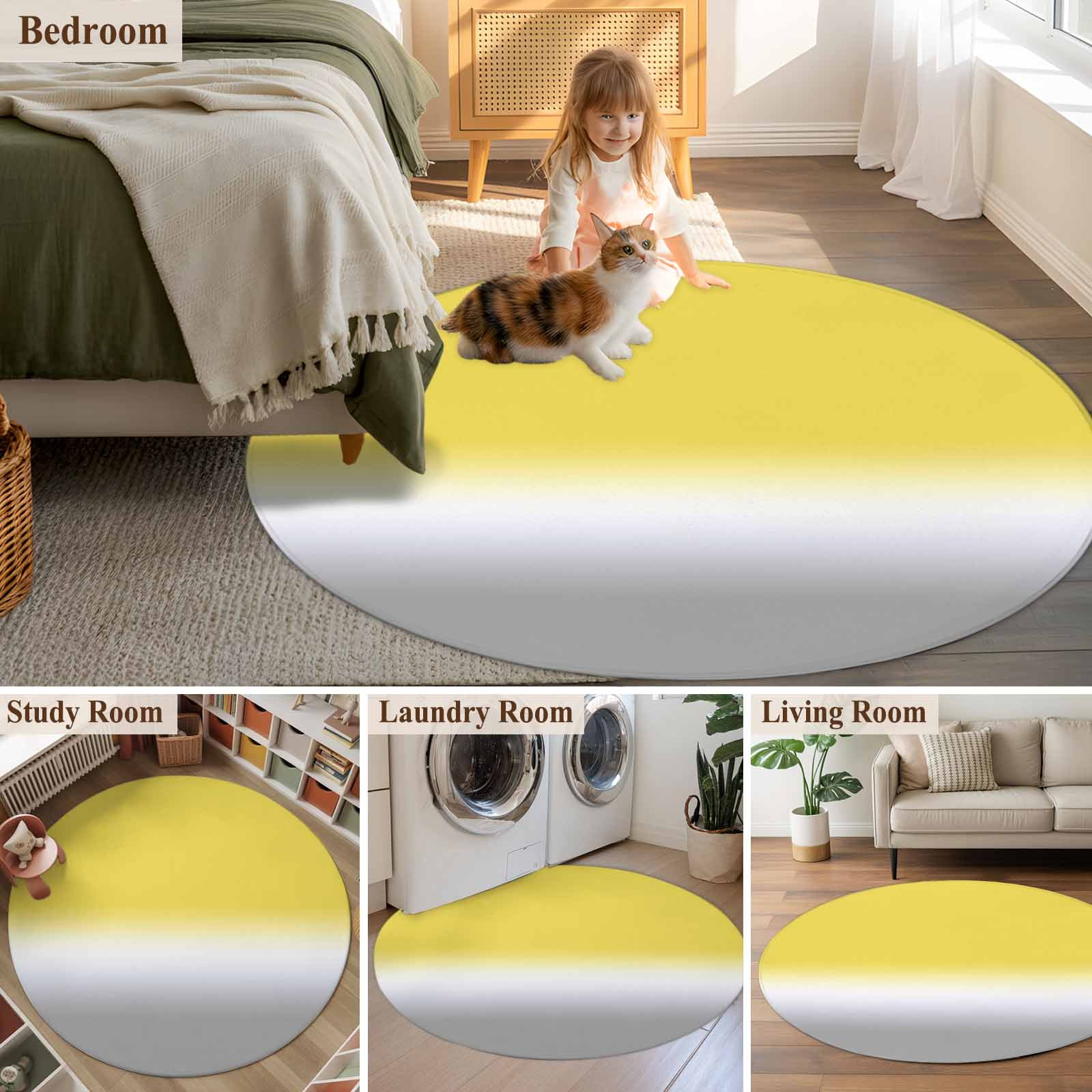 Yellow White Grey Ombre Round Area Rug 4 FT, Non Slip Indoor Outdoor Rug, Modern Abstract Aesthetics Washable Soft Circular Carpet Non-Shedding Floor Mat for Coffee Table Nursery Foyer Balcony