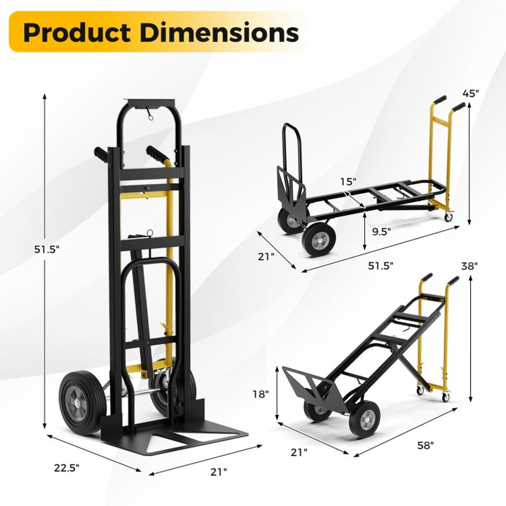 Resenkos 3-in-1 Convertible Hand Truck Metal Dolly Cart with 4 Rubber Wheels for Transport-Black