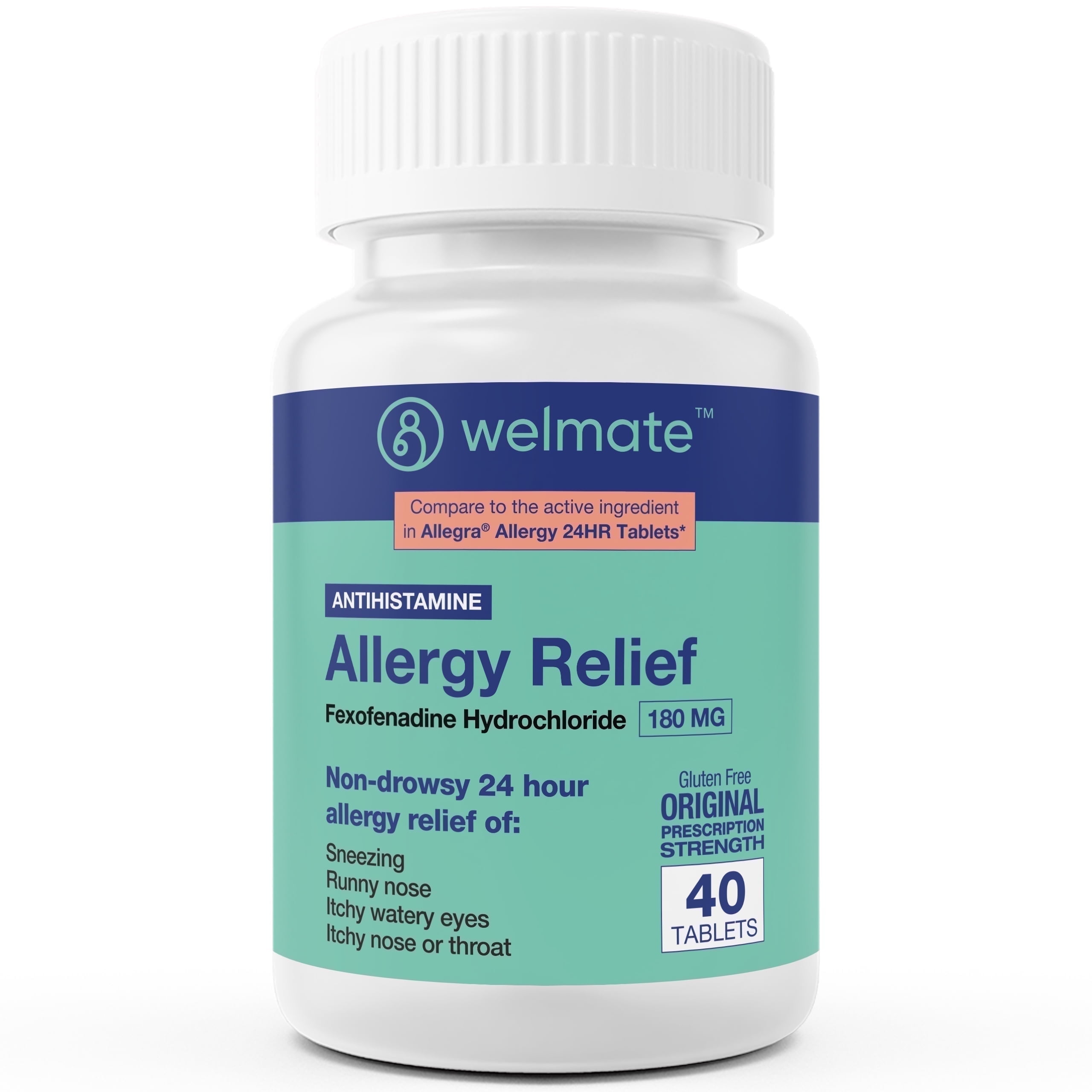 WELMATE Antihistamine Allergy Relief, Fexofenadine HCL 180mg 24HR Relief - 40 Tablets