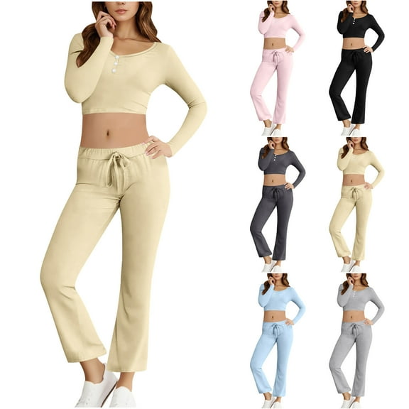 Bixock Women Fall and Winter Outfit Set,Women Two-piece Set,Women's Two-piece Set Solid Color Long Sleeve Button Front Fitted Top and Pants Set