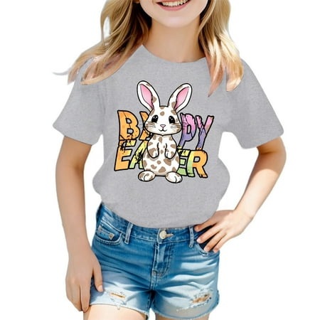 

Icvfdpl Child Shirts Spring Summer Short Sleeved Easter Bunny Alphabet Printed Round Neck Wear For Weekend Travel T Shirt