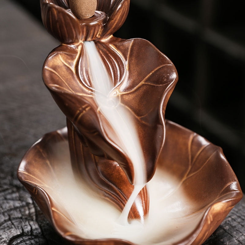 Ceramic Lotus Backflow Incense Burner Indoor Waterfall Smoke Incense Holder Creative Retro Lotus Leaf Incense Burner Aromatherapy Ornament