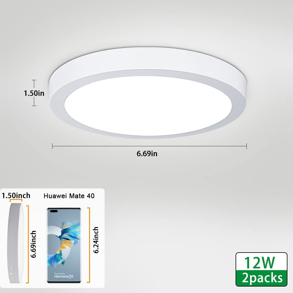 2 Packs DingLiLighting 12W LED Flush Mount Ceiling Light Fixture Indoor,Soft Warm Flat Surface Mounted Panel Downlight Lamp for Closet/Hallway/Stairs/Bathroom/Basement Lighting