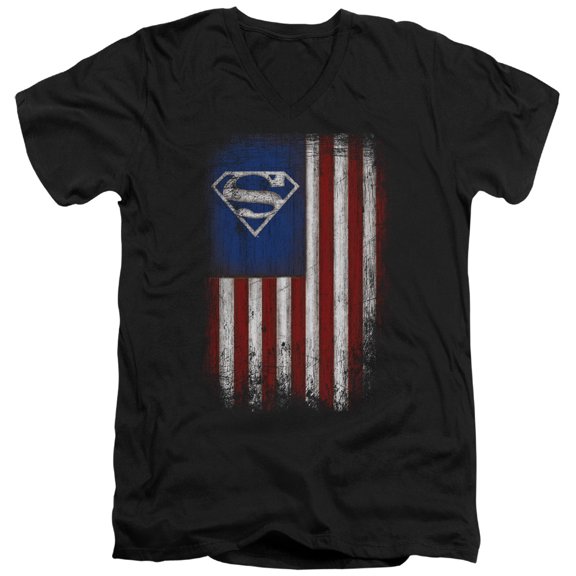 Superman Old Glory Shield Adult V-Neck T-Shirt 30/1 T-Shirt Black