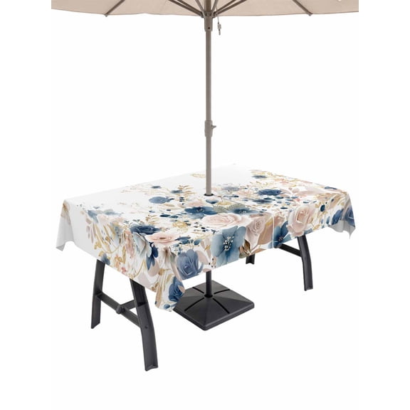 Outdoor Tablecloth with Umbrella Hole for Patio/Picnic/Party/Camping, Navy Blue Spring Floral Waterproof Table Cloth Rectangle Table Cover Washable, Elegant Pastoral Flowers Watercolor (52"x 70")