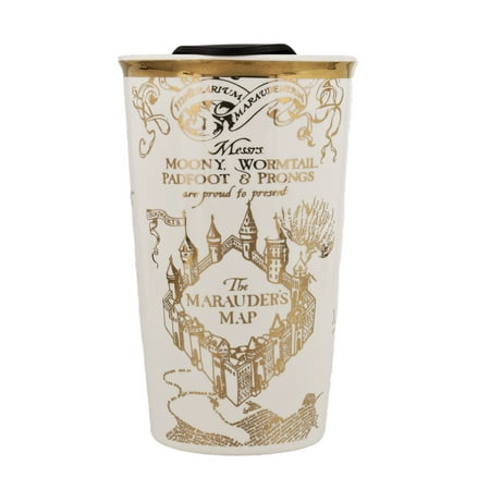 Ceramic Coffee Travel Mugs Harry Potter Travel Coffee and Tea Mug - Ceramic White and Gold with Marauder's Map Design and Gold Plated Finish, 12oz ()