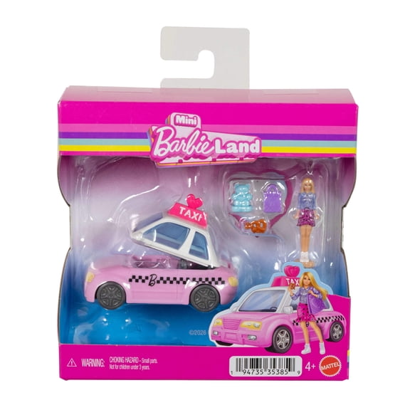 Barbie Mini Barbie Land Doll & Vehicle Set, Toy Taxi with 1.5-inch Doll & Accessories