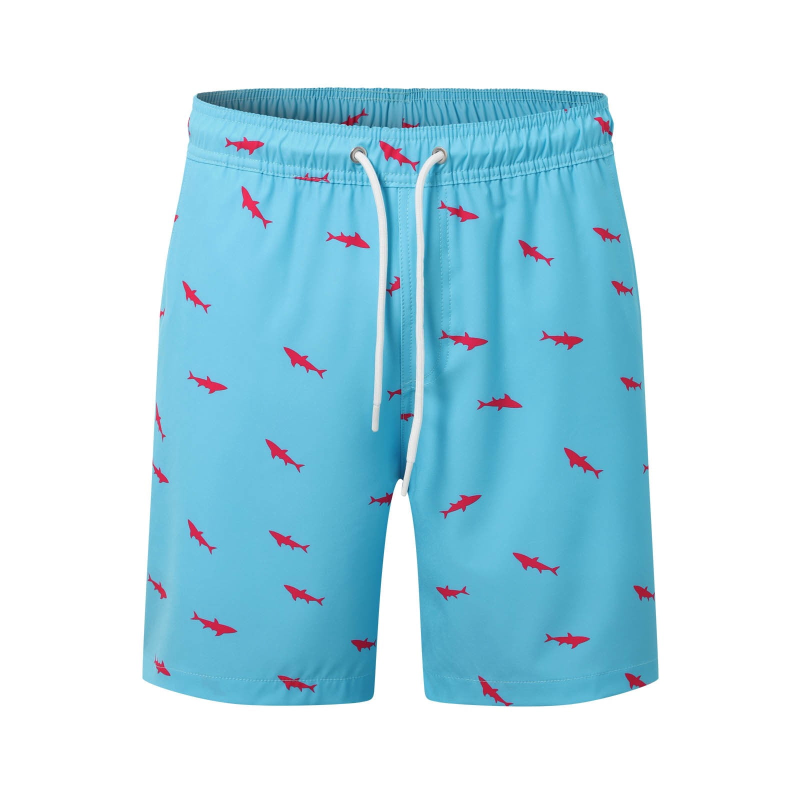 Tisuna Stylish Men's Swim Shorts Shark Print Drawstring Elastic Waist Straight Leg Trunks With Liner Male Casual Summer Beach Vacation Pool Party Shorts Sky Blue Size Xxxl