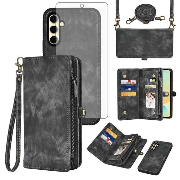Asuwish Phone Case for Samsung Galaxy S24 FE 5G Zipper Wallet Detachable Cell Cover with Tempered Glass Screen Protector Crossbody Lanyard Strap Flip Card Holder S 24 EF AI S24FE 24S 24FE Women Black