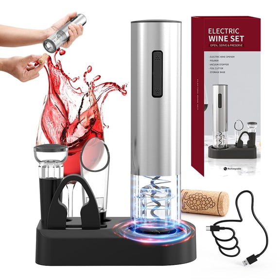Electric Wine Opener, Rechargeable Electric Wine Bottle Corkscrew Opener with Foil Cutter, Vacuum Stopper, Wine Decanter, and Storage Base