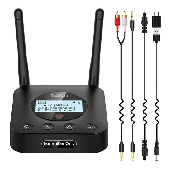 1Mii B06TX Bluetooth 5.2 Transmitter for TV/PC/Projector to 2 Wireless Headphones/Speakers, Long Range Bluetooth Adapter w/Screen Display, aptX Low Latency & HD Audio