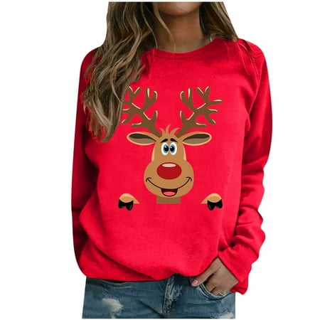 

jsaierl Christmas Sweatshirts for Women Long Sleeve Elk Print Top Workout Crewneck Sweatshirt Tunic Pullover Christmas Gifts for Women