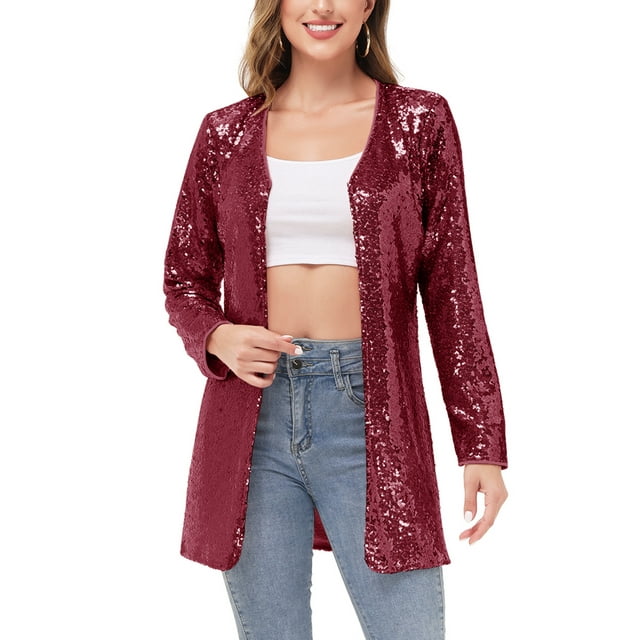 Women's Open Front Sequin Coat Las Vegas Blazer Party Club Cocktail Jacket Outerwear
