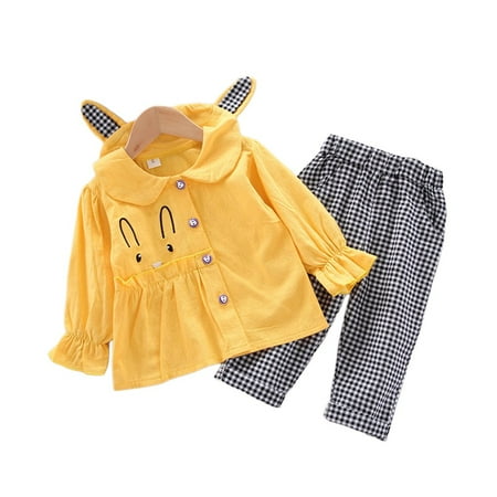 

Just Clearance! Girls Suit Cartoon Sweet Beauty Baby Doll Collar Long Sleeve Plaid Trousers Yellow / Pink Fashion Loose Style Cotton And Linen