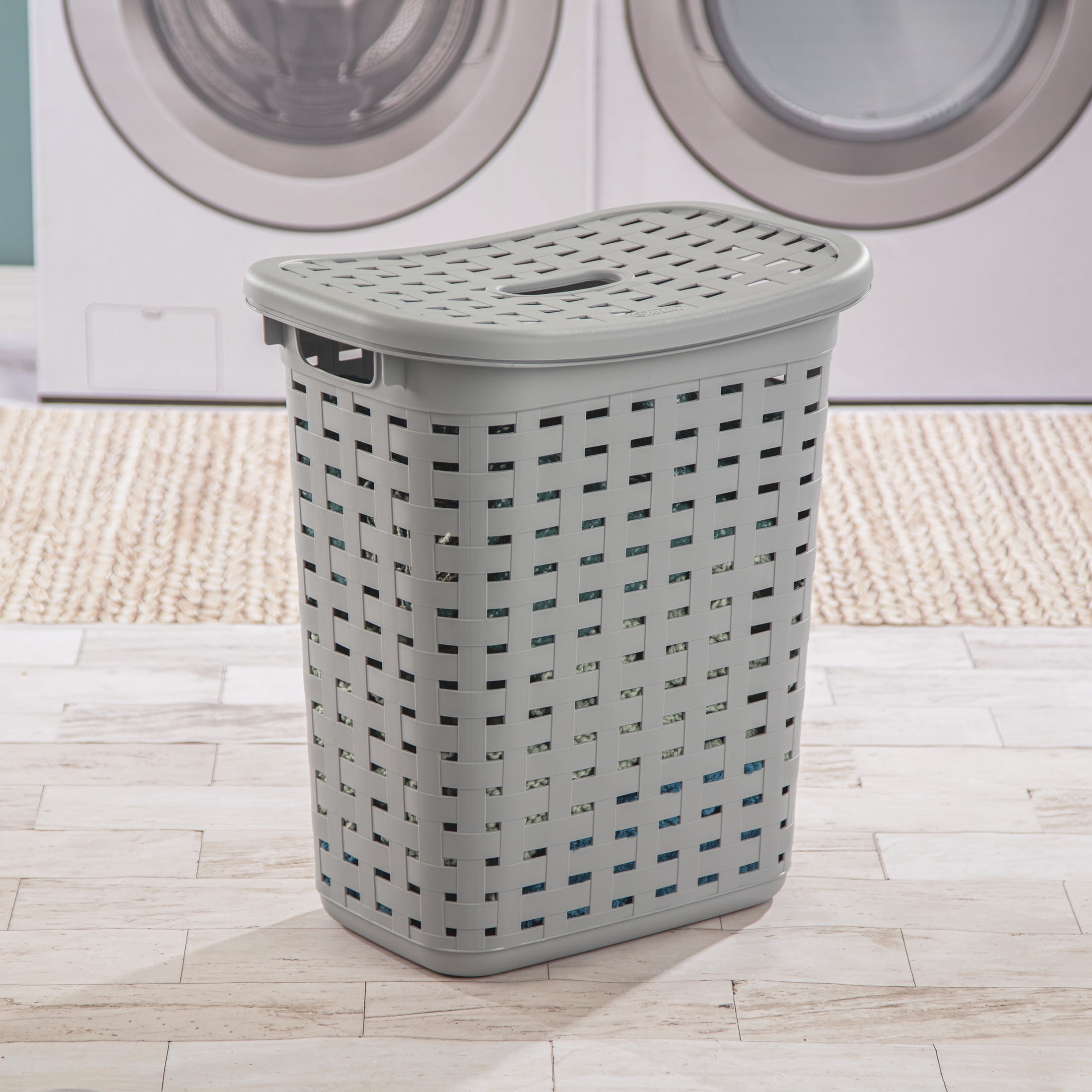 Sterilite Weave Laundry Hamper with Lid, Plastic Décor Pattern and 2 Carry Handles, Gray, 4 Count