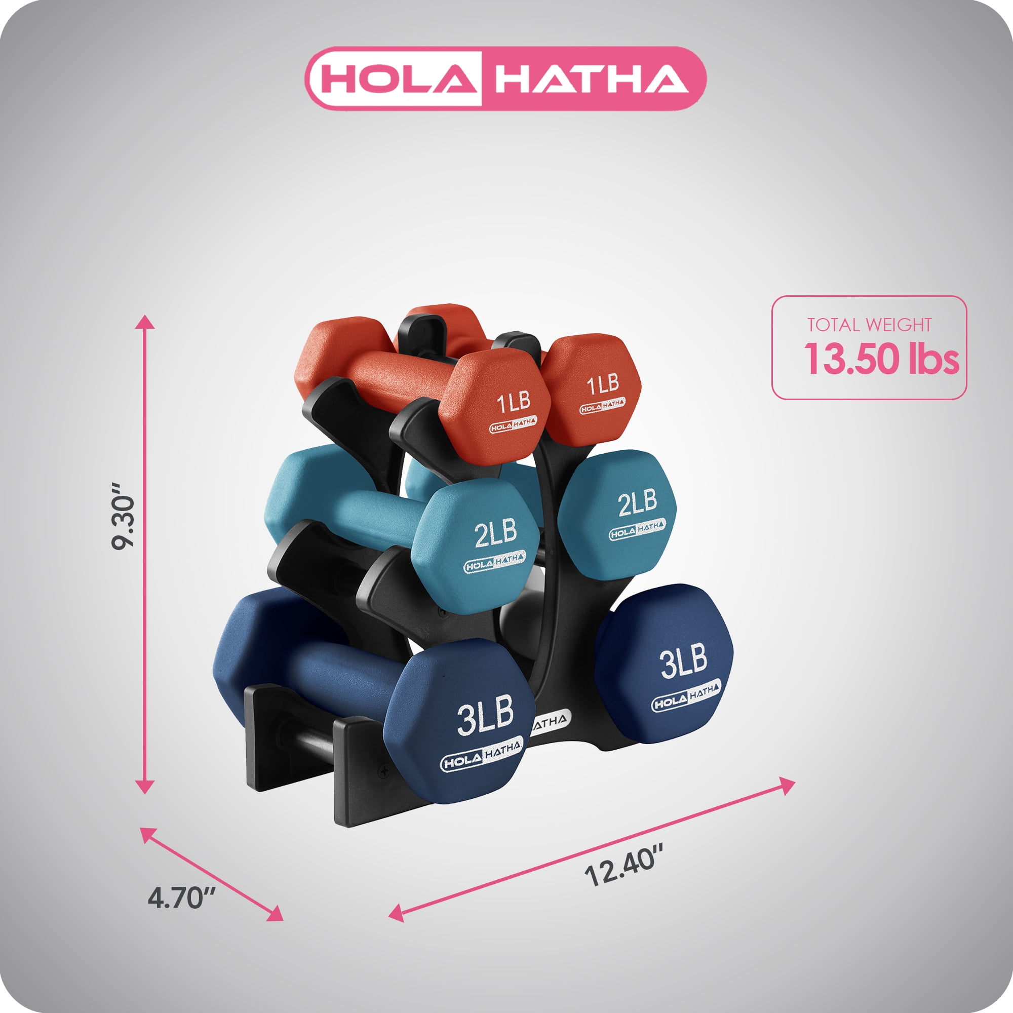 HolaHatha 1, 2 and 3 Pound Neoprene Dumbbell Weight Set with Rack