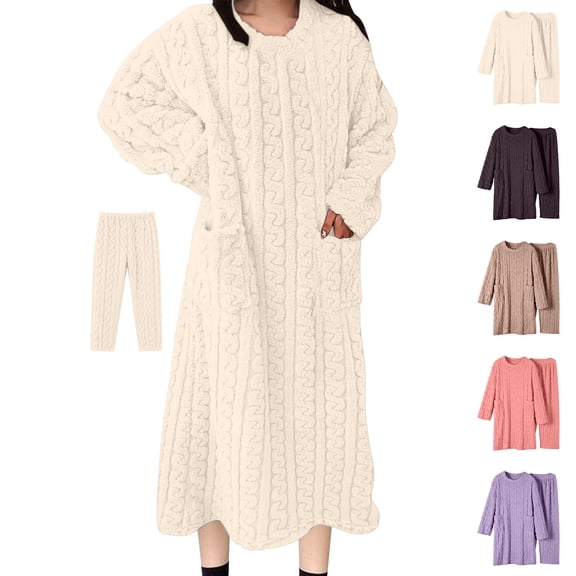Naotn Women's Flannel 2 Piece Pajama Set Winter Warm Fleece Pullover Sleepdress & Pants Comfy Soft Loungewear Set