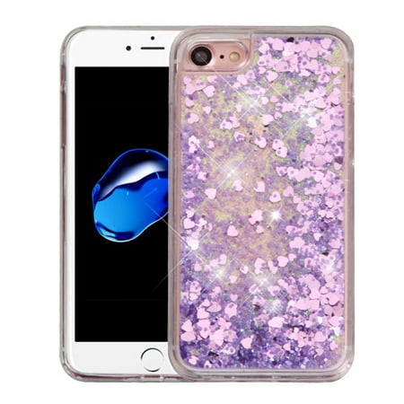 Apple iPhone 8 / 7 / 6S / 6 Case, Slim Crystal Back Bumper Case [Drop Protection] [Purple Hearts] Quicksand Glitter Flexible Border Case with Travel Wallet Phone (Best Crystal For Travel Protection)