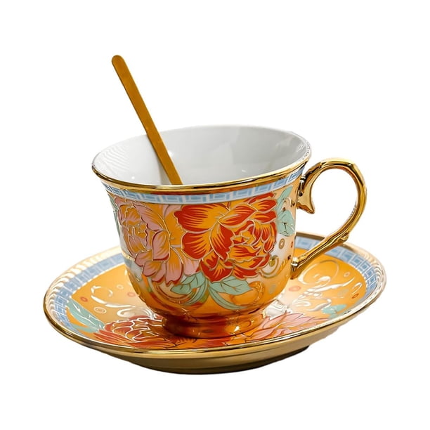 Juego de taza y platillo de café de cerámica para té de la tarde, esmaltado, brillante, estilo vintage con leche Flor