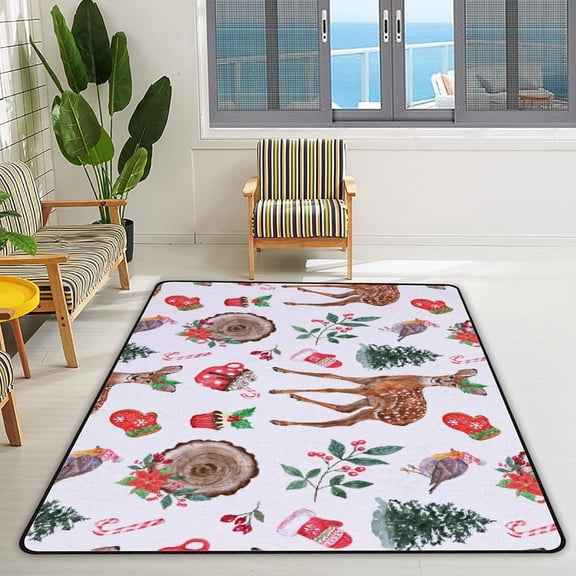 FREEAM Soft Foam Nursery Area Rugs Watercolor Winter Cute Baby Deer Robin Bird Non Slip Play Mats for Kids Boys Girls Playing Room Living Room72x48 inch