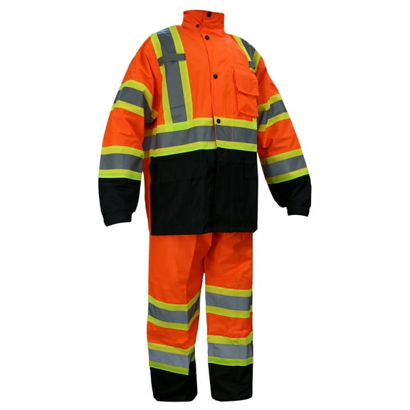 RK Safety RW-CLA3-TOR77 Class 3 Rain suit, Jacket, Pants High Visibility Reflective Black Bottom with X pattern(XL)