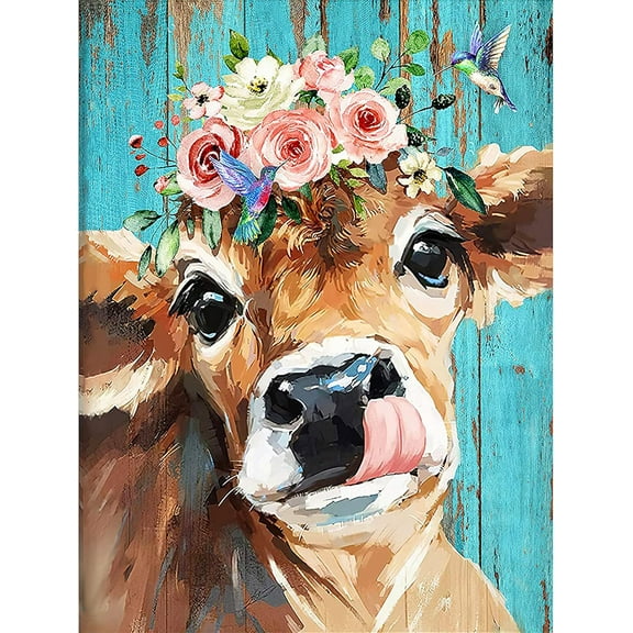 DIY 5D Diamond Painting Kit (for Adults) Diamond Painting "Cow, Flowers" - Full Diamond Crystal Rhinestone Embroidery Craft Kit, Can Be Used as Gift, Wall Decoration