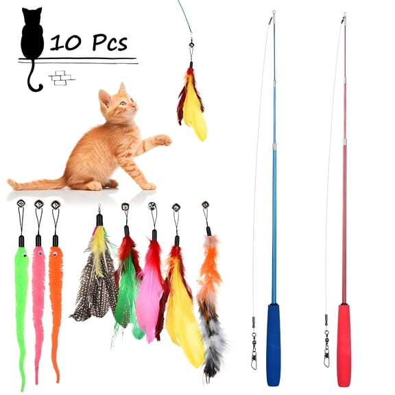 BESTSKY Cat Toys Interactive Feather Wand, Retractable Cat Wand Toy 10pcs Natural Feather Teaser Replacements Telescopic Fishing Pole Toy for Indoor Kitty Exercise