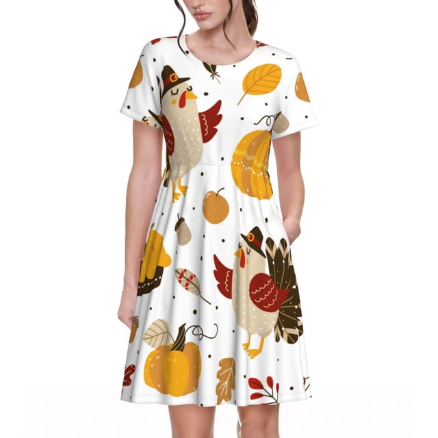 Bixox Robe d'Été à Manches Courtes pour Femmes Robe Ample Longueur Genou avec Poches-Joyeux l'Action de Grâce